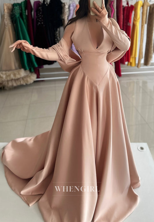 Light Coral V Neck Long Sleeves Cape Sweep Train A-Line Evening Dress