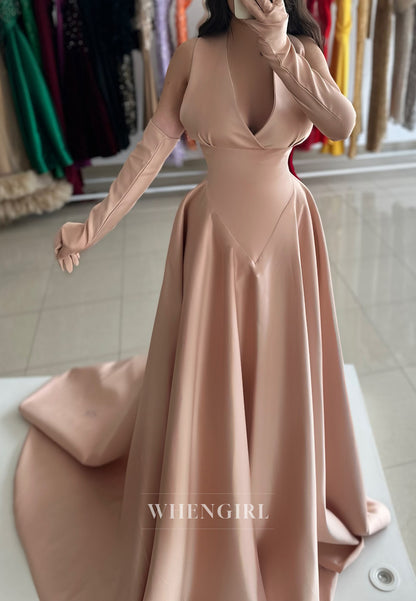 Light Coral V Neck Long Sleeves Cape Sweep Train A-Line Evening Dress