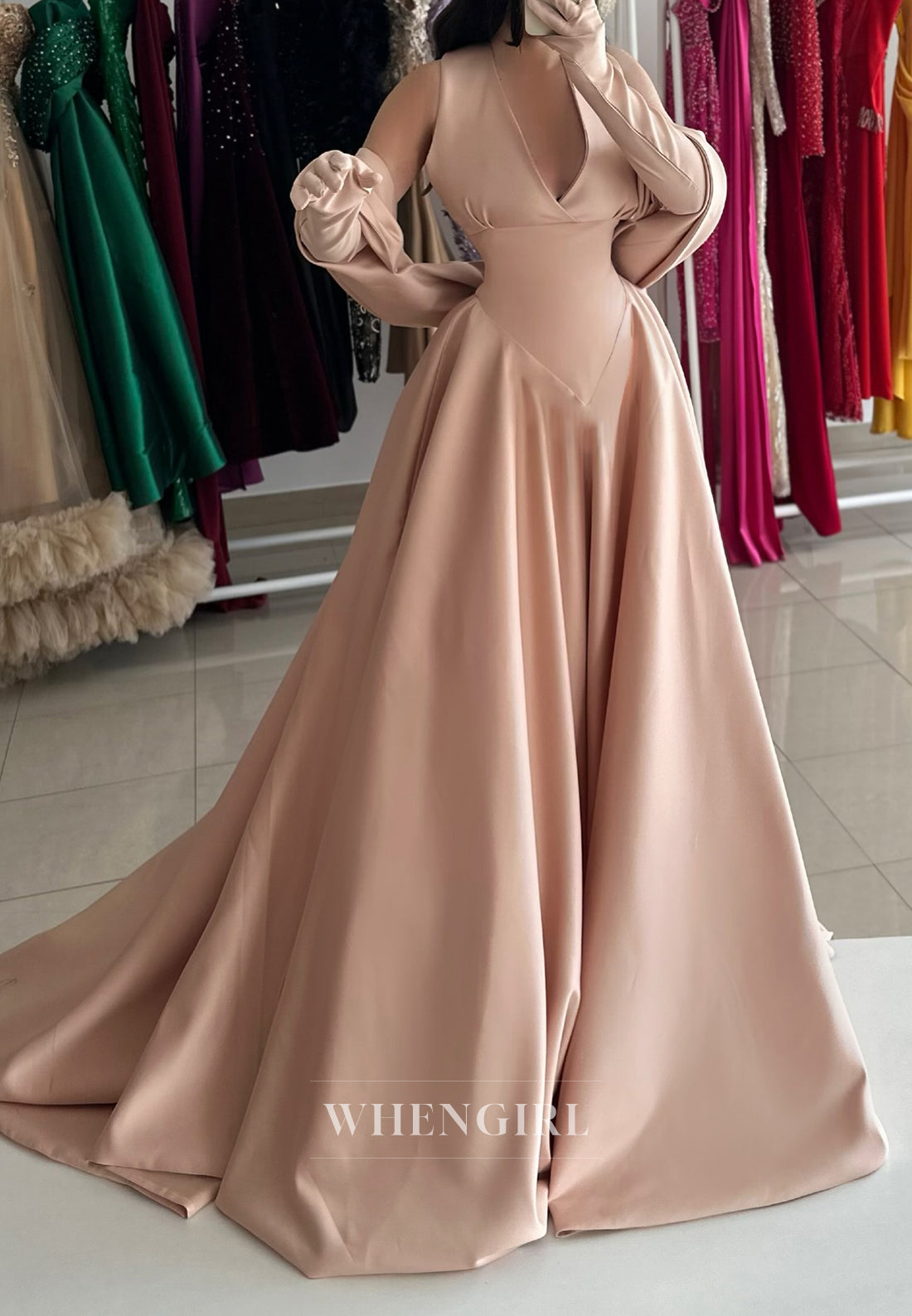 Light Coral V Neck Long Sleeves Cape Sweep Train A-Line Evening Dress