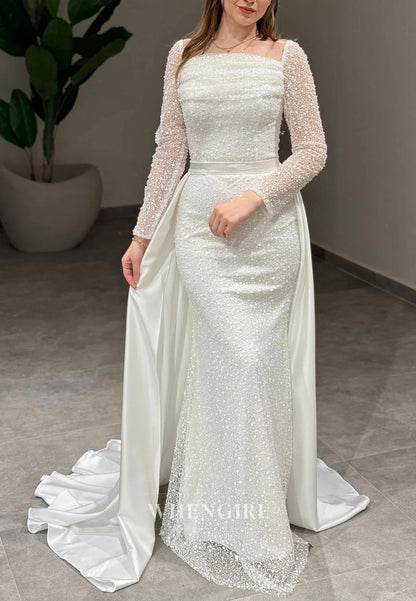 Sheath Square Neck Long Sleeves Beaded Sweep Train Evening Formal Dress