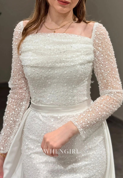 Sheath Square Neck Long Sleeves Beaded Sweep Train Evening Formal Dress