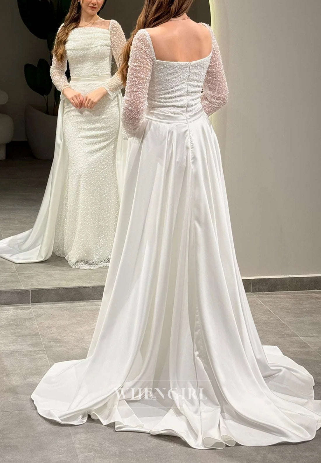 Sheath Square Neck Long Sleeves Beaded Sweep Train Evening Formal Dress