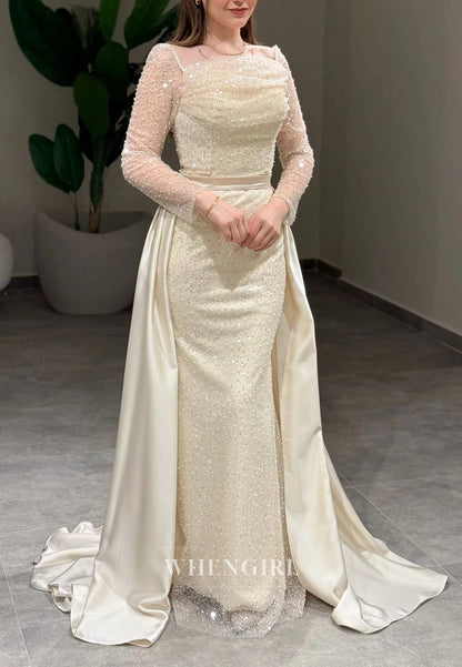 Sheath Square Neck Long Sleeves Beaded Sweep Train Evening Formal Dress