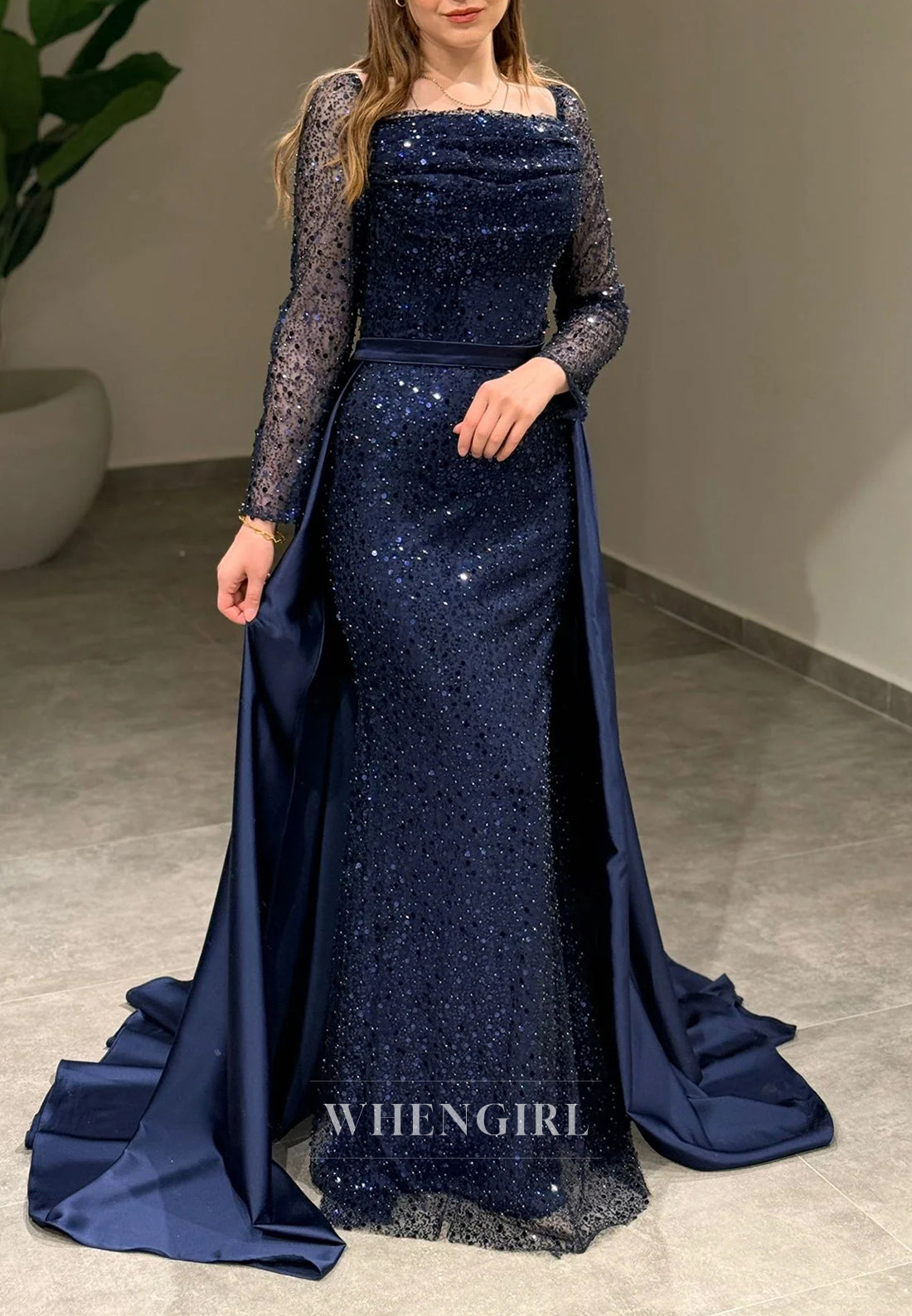 Sheath Square Neck Long Sleeves Beaded Sweep Train Evening Formal Dress
