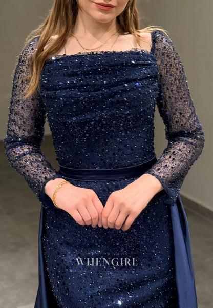 Sheath Square Neck Long Sleeves Beaded Sweep Train Evening Formal Dress