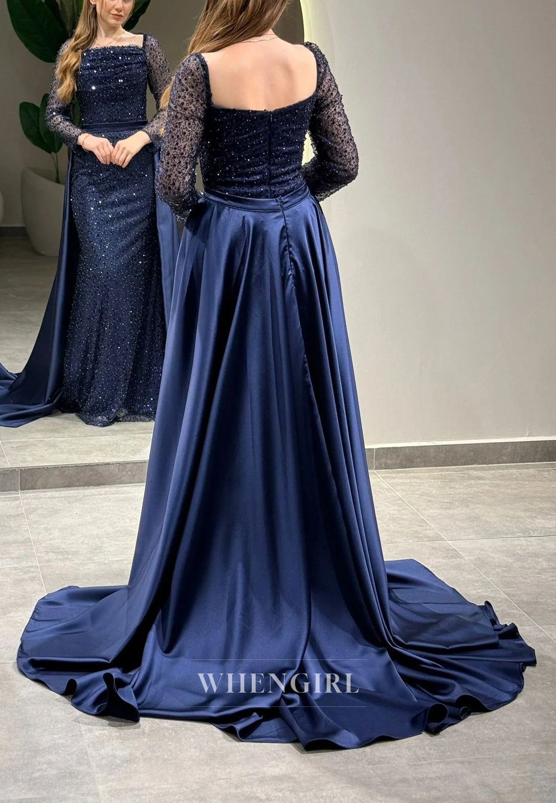 Sheath Square Neck Long Sleeves Beaded Sweep Train Evening Formal Dress