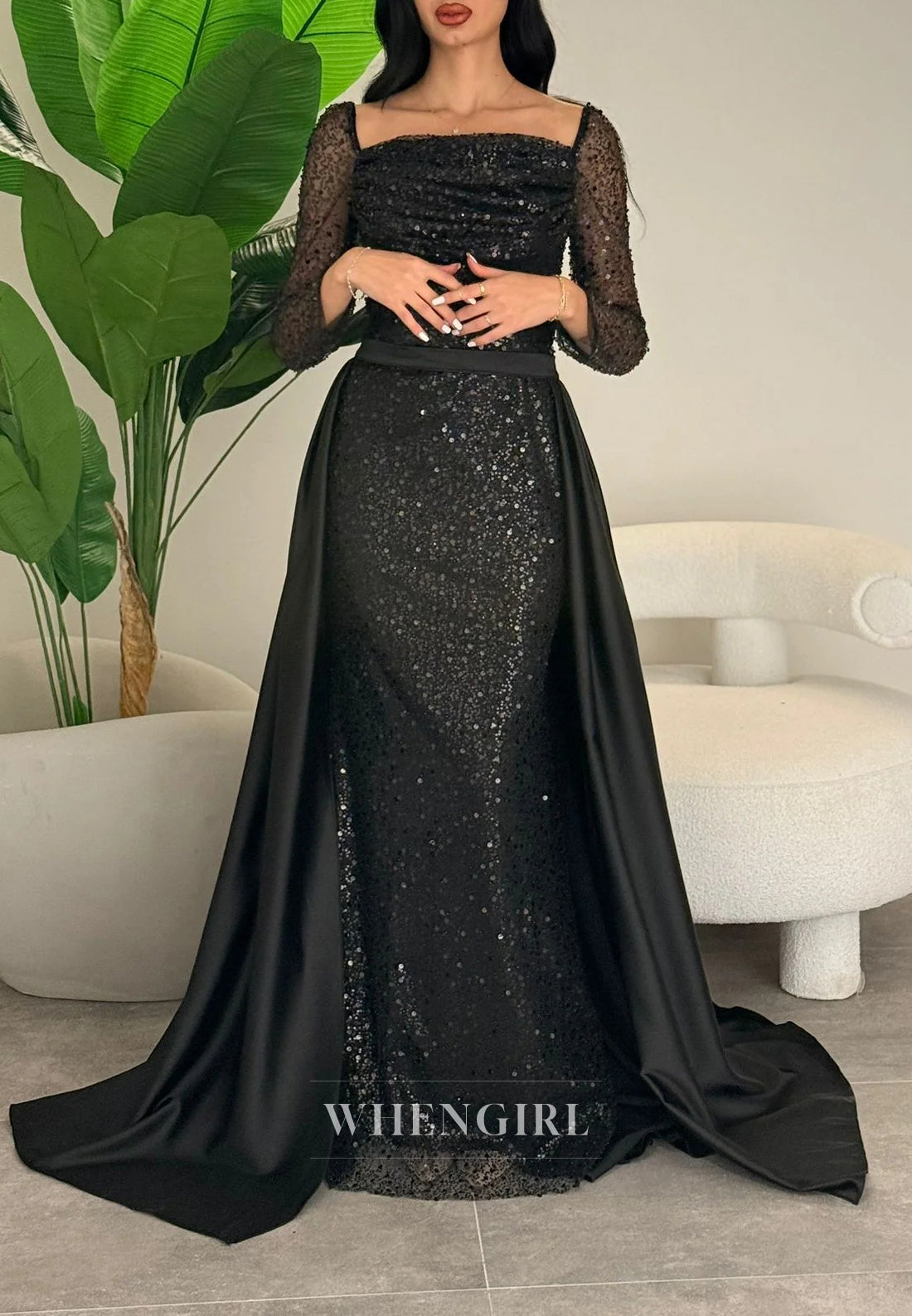 Sheath Square Neck Long Sleeves Beaded Sweep Train Evening Formal Dress
