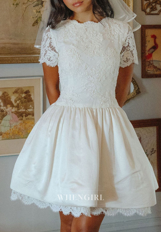 Scalloped Neck Short Sleeves Appliqued Lace A-Line Short Wedding Dress