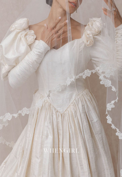 Vintage V Neck Floral Long Sleeves Sweep Train Bowknot Buttons Wedding Dress