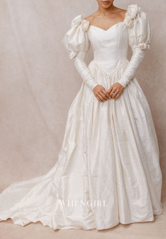 Vintage V Neck Floral Long Sleeves Sweep Train Bowknot Buttons Wedding Dress
