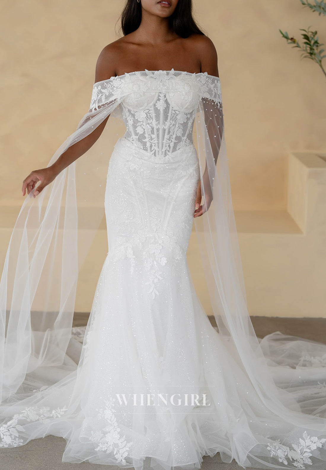 Mermaid Off Shoulder Appliuqeds Court Train Wedding Dress
