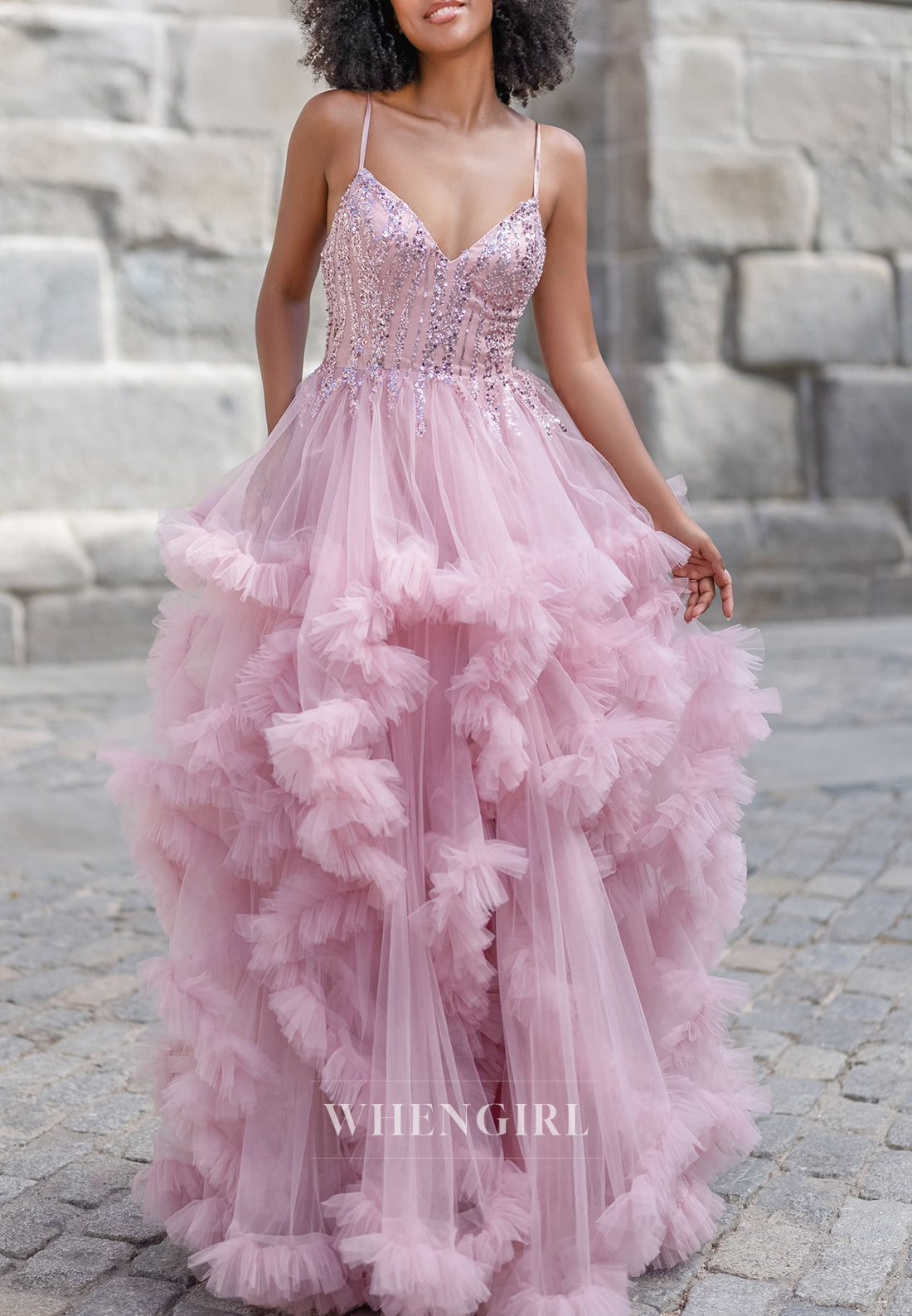 Pink V Neck Spaghetti Straps Sleeveless Lace Up A-Line Prom Dress