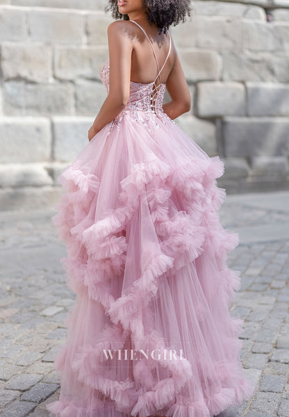 Pink V Neck Spaghetti Straps Sleeveless Lace Up A-Line Prom Dress