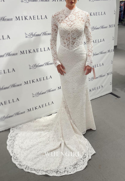 Sheath Long Sleeves High Neck Sweep Train Cut Out Back Lace Wedding Dress