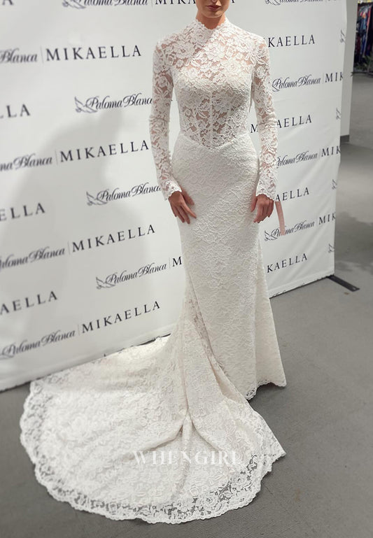 Sheath Long Sleeves High Neck Sweep Train Cut Out Back Lace Wedding Dress