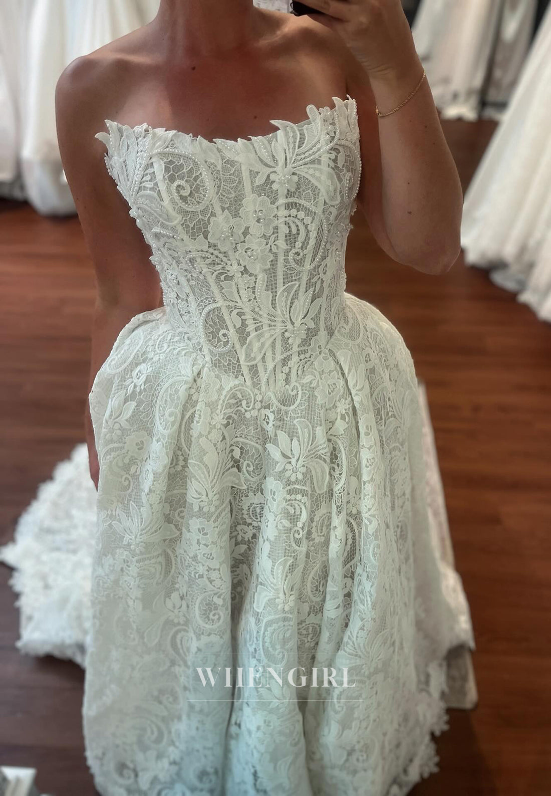 A-Line Strapless Pearls Lace Sleeveless Wedding Dress with Sweeep Train