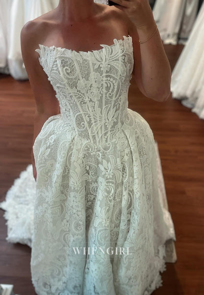 A-Line Strapless Pearls Lace Sleeveless Wedding Dress with Sweeep Train
