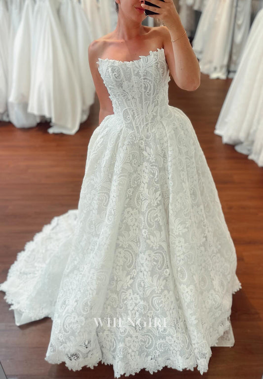 A-Line Strapless Pearls Lace Sleeveless Wedding Dress with Sweeep Train