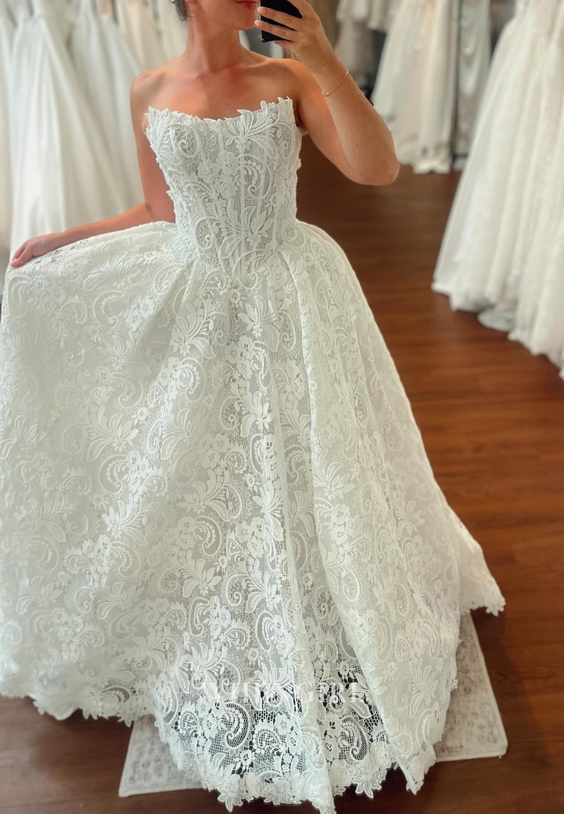 A-Line Strapless Pearls Lace Sleeveless Wedding Dress with Sweeep Train