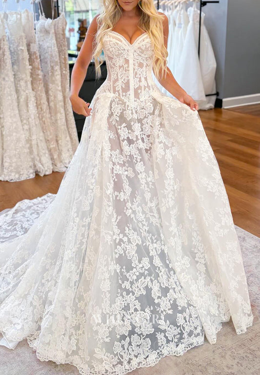 Illusion Sweetheart Sleeveless Appliqued Lace Court Train Wedding Dress