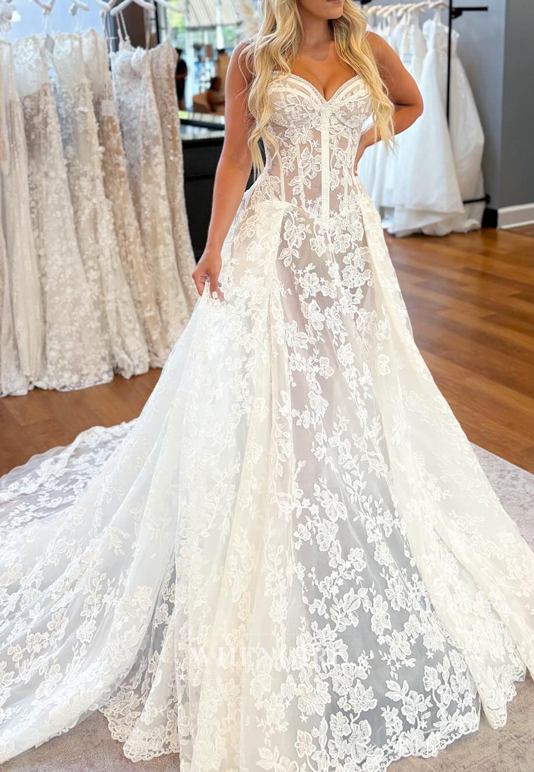 Illusion Sweetheart Sleeveless Appliqued Lace Court Train Wedding Dress