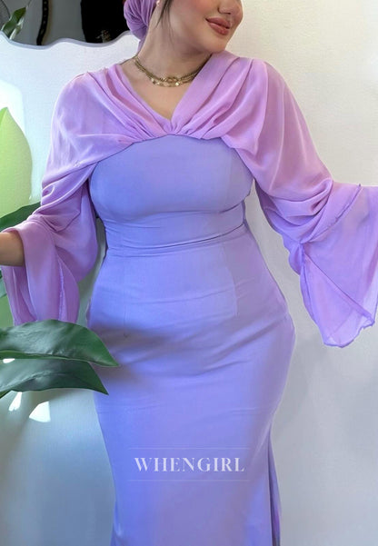Lilac V Neck Long Sleeves Sheath Sweep Train Evening Dress Formal Gown