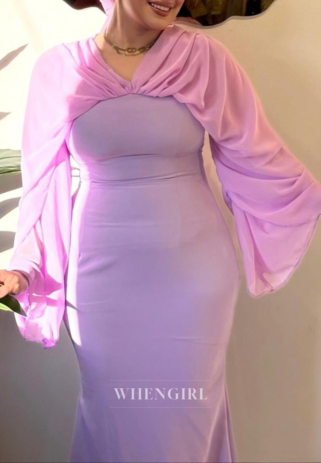 Lilac V Neck Long Sleeves Sheath Sweep Train Evening Dress Formal Gown