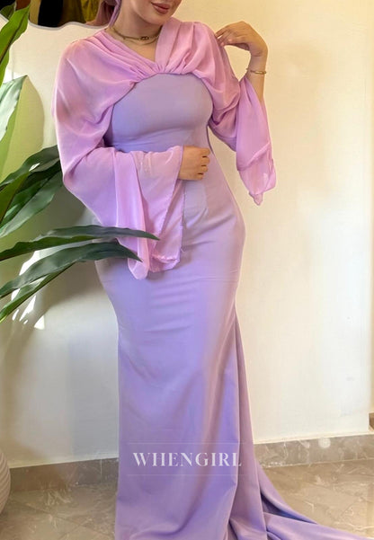 Lilac V Neck Long Sleeves Sheath Sweep Train Evening Dress Formal Gown