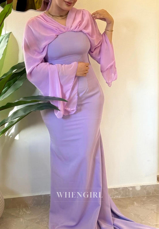 Lilac V Neck Long Sleeves Sheath Sweep Train Evening Dress Formal Gown