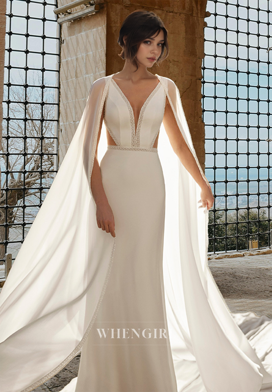 Sexy V-Neck Straps Sheath Sweep Train Sleeveless Two Piece Wedding Dress with Beaded Bridal Gown