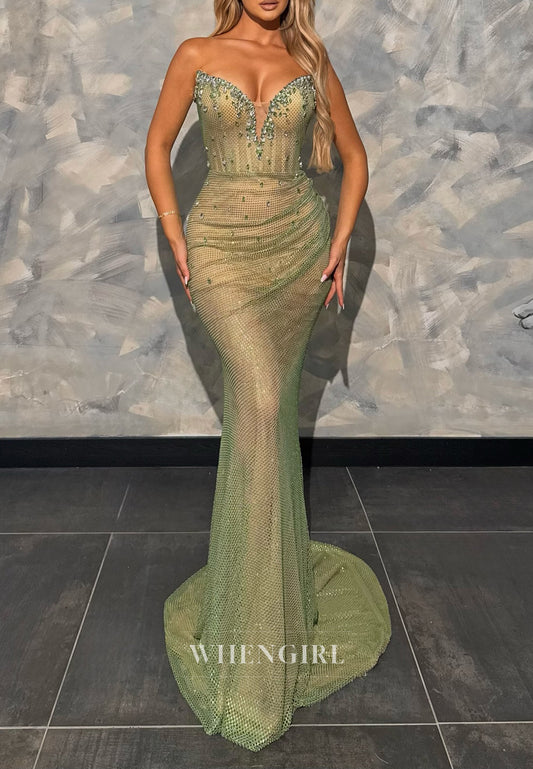 Green V Neck Sleeveless Pleated Rhinestones Beading Mermaid Long Formal Evening Dress
