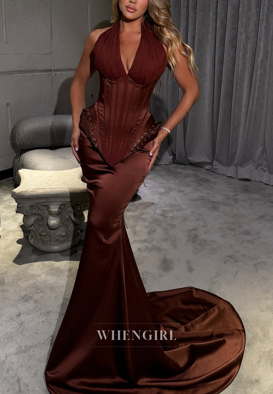 Chocolate Halter Corset Sleeveless Mermaid Sweep Train Formal Evening Gown