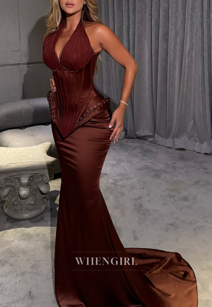 Chocolate Halter Corset Sleeveless Mermaid Sweep Train Formal Evening Gown