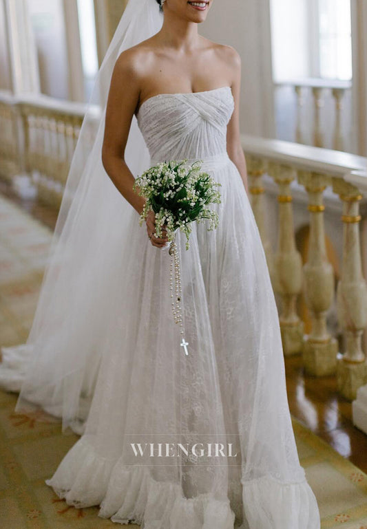 A-Line Sleveless Strapless Embroidery Lace Goffer Wedding Dress