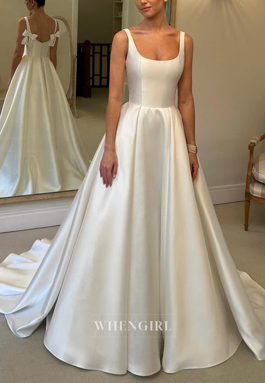 A Line Square Simple Satin Cheap Wedding Dress with Court Train