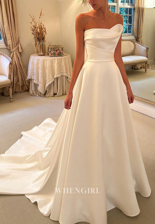 A Line Pleated Strapless Satin Simple Wedding Dress with Train Bridal Gown