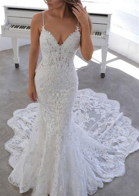 Spaghetti-Straps Sleeveless Mermaid Lace Wedding Dresses V-Neck Open Back