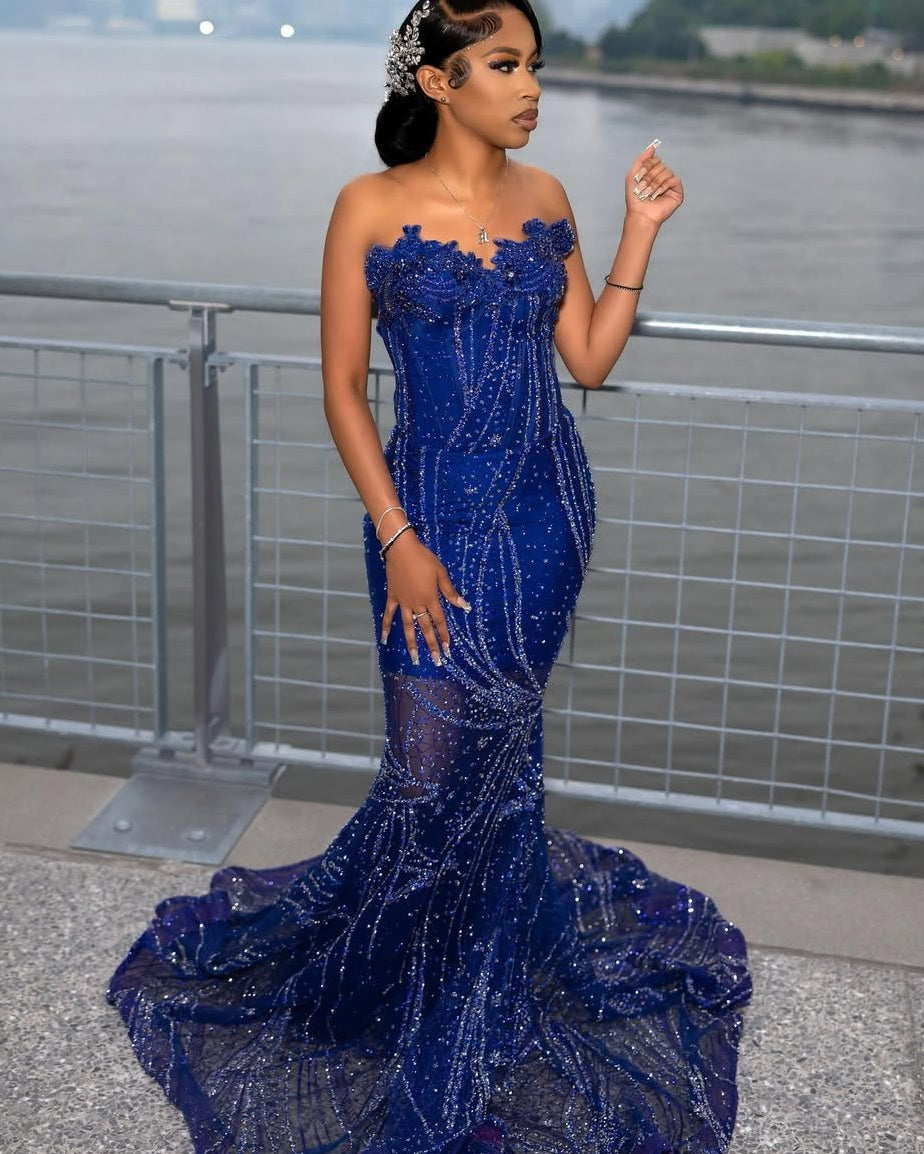 Strapless Royal Blue Mermaid Prom Dresses Long With Beadings Online