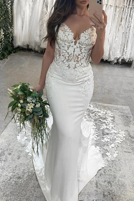 Spaghetti-Straps Sleeveless Mermaid Bridal Gowns V-Neck With Lace Appliques