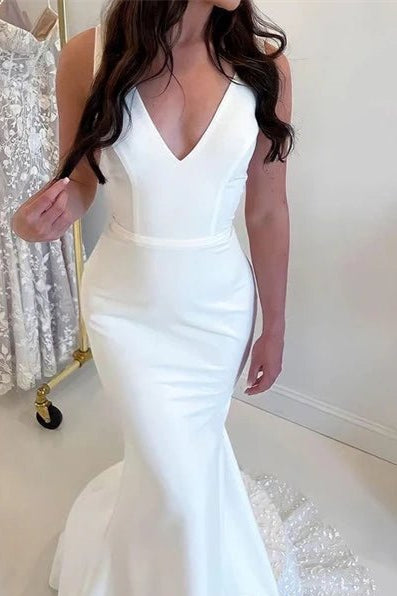 V-Neck Sleeveless Satin Wedding Gowns Mermaid Open Back With Appliques