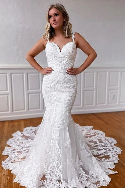 Sweetheart Starps Mermaid Lace Wedding Gowns Open Back With Buttons