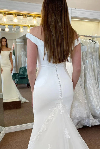 Off-the-Shoulder Mermaid Wedding Dress Satin Zipper Buttons Back With Lace