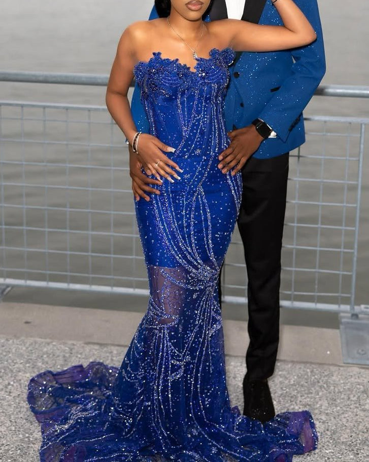 Strapless Royal Blue Mermaid Prom Dresses Long With Beadings Online