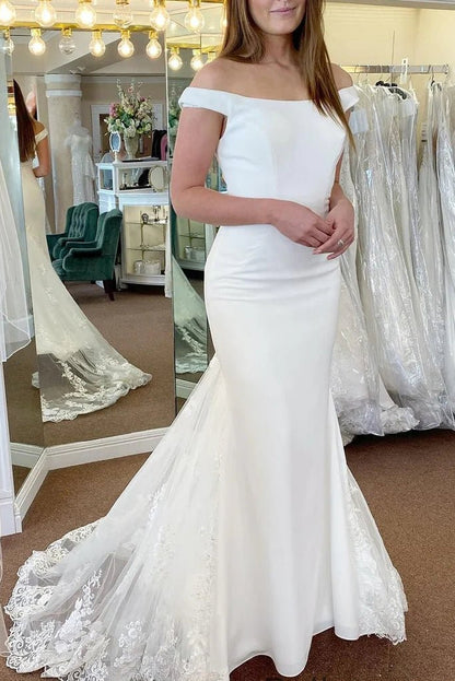 Off-the-Shoulder Mermaid Wedding Dress Satin Zipper Buttons Back With Lace
