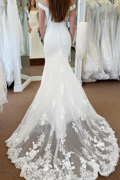 Off-the-Shoulder Mermaid Wedding Dress Satin Zipper Buttons Back With Lace