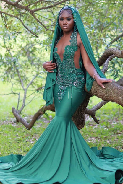 Dark Green Halter Sleeveless Mermaid Prom Dress With Beadings Online