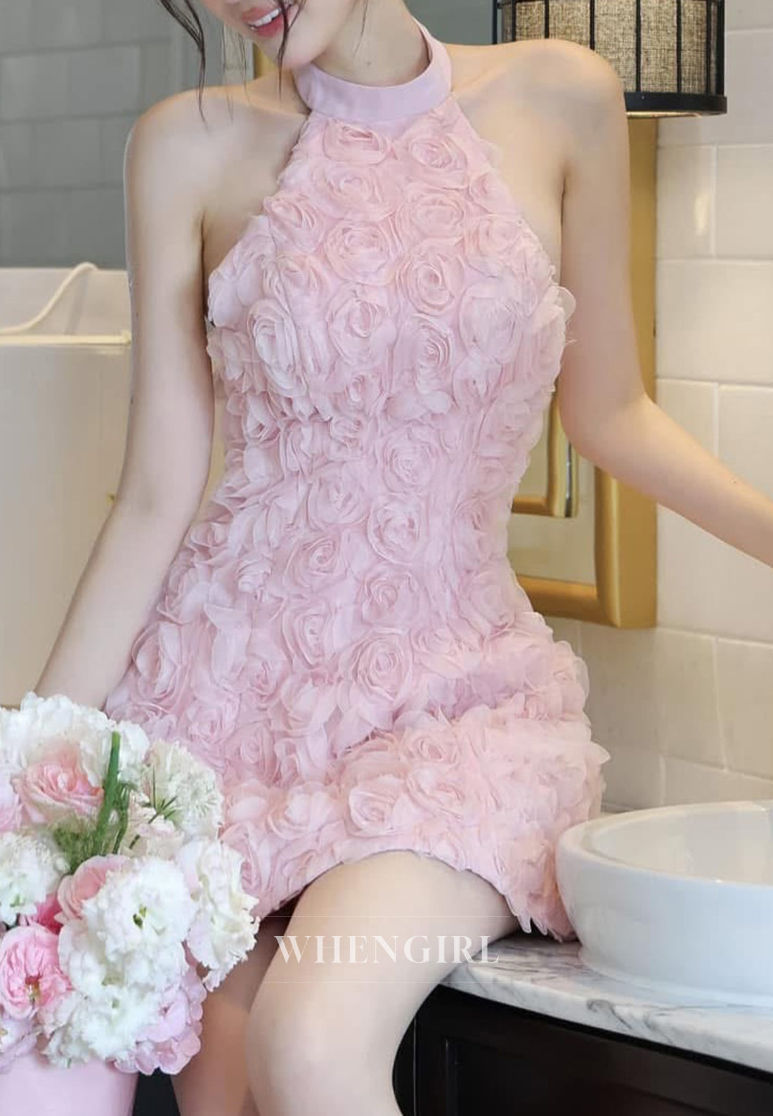 A-Line Floral Halter Sleeveless Homecoming Dress
