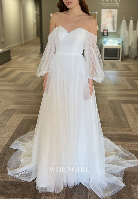 Off Shoulder Long Puff Sleeves A-Line Sweep Train Beach Wedding Dress