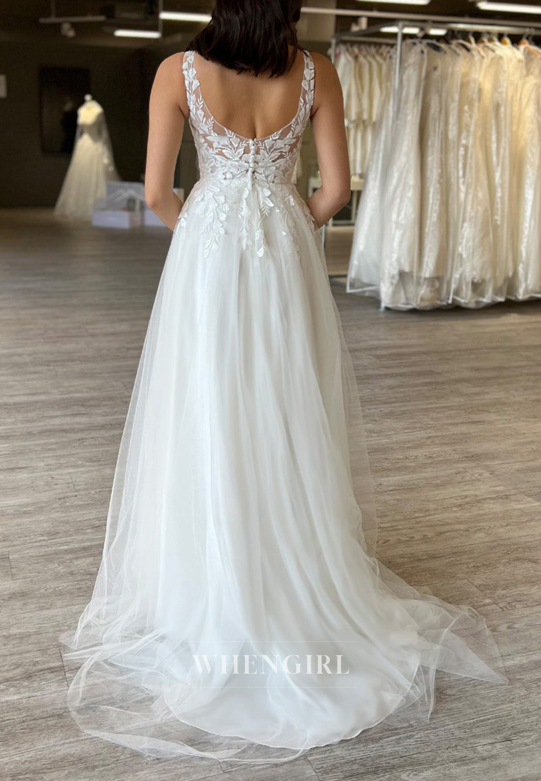 Appliqued Lace V Neck Sweep Train Regular Straps Sleeveless A-Line Beach Wedding Dress