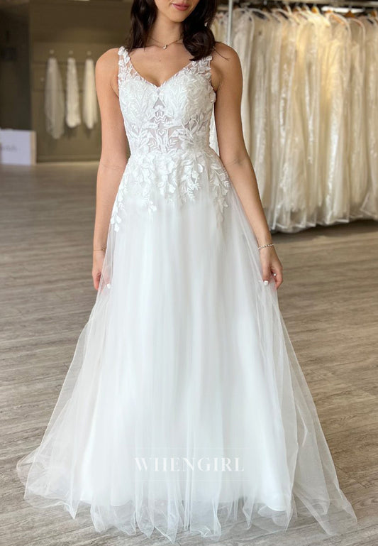Appliqued Lace V Neck Sweep Train Regular Straps Sleeveless A-Line Beach Wedding Dress